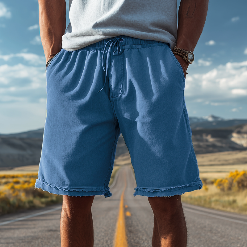 Men's Classic Casual Cotton Blend Washed Trousers With Raw Edges And Elastic Waist Shorts MTA1506G5K