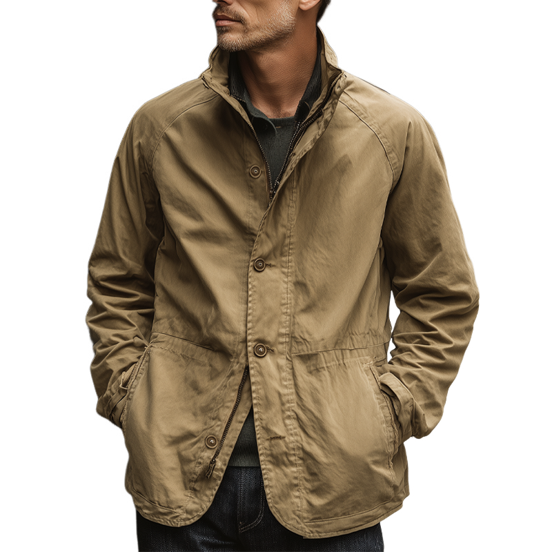 Men's Casual Solid Color Cotton Stand Collar Zipper Jacket MTA0573H4X