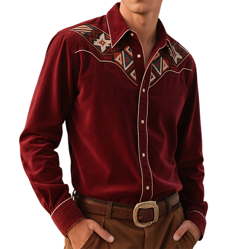 Herreskjorte med brodert slag og vintage-stil, vestlig, langermet, MTA2204G1TO