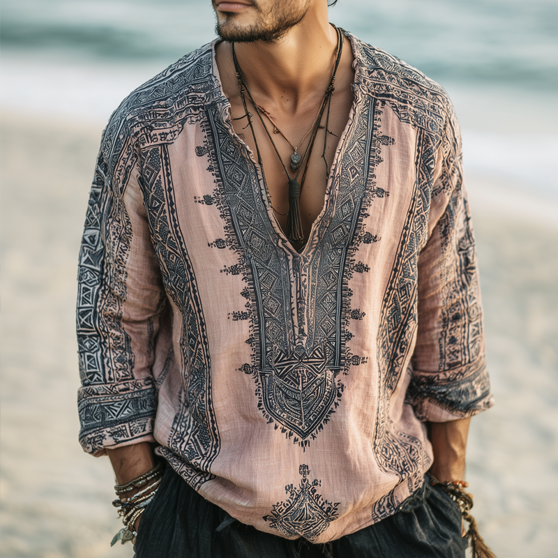 Men's Ethnic Print V Neck Long Sleeve Shirt MTA0271H6Z