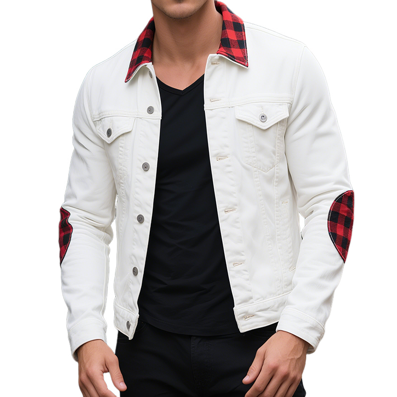 Men's Retro Casual Cotton Plaid Splicing Cropped Jacket MTA1156H0TO