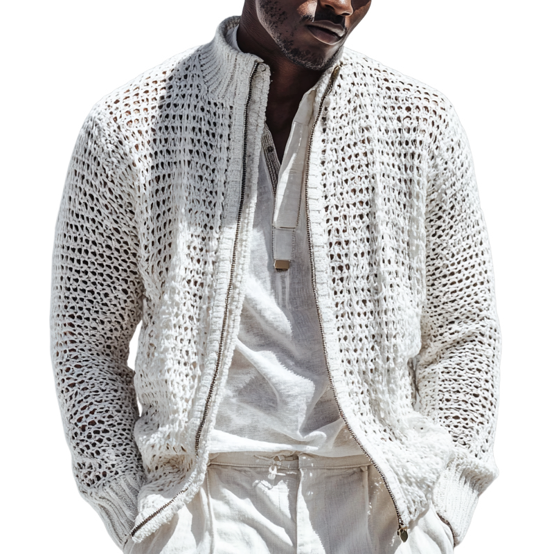 Men's Fashion Openwork Knit Stand Collar Zipper Jacket Cardigan MTA2034H9Z