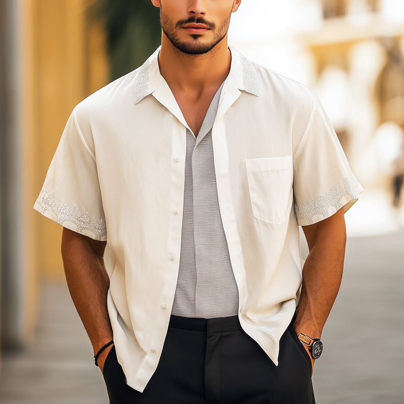 Men's Summer Casual Silver Embroidery Lapel Cotton Short Sleeve Shirt MTA2216E4U