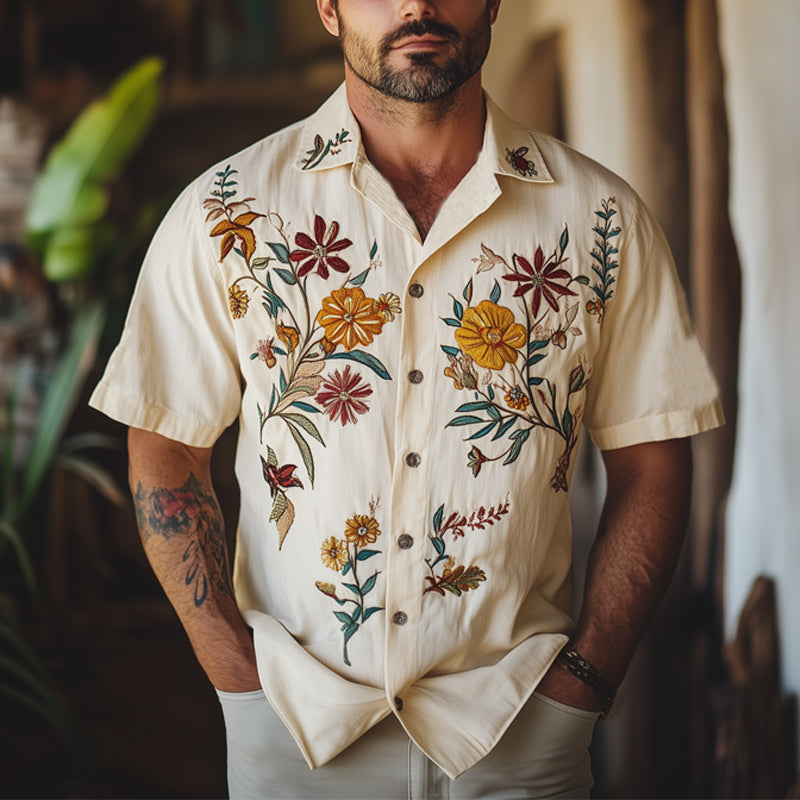 Herreskjorte med broderte blomsterprint, kortermet, sommerkomfort, MTA2001E6U