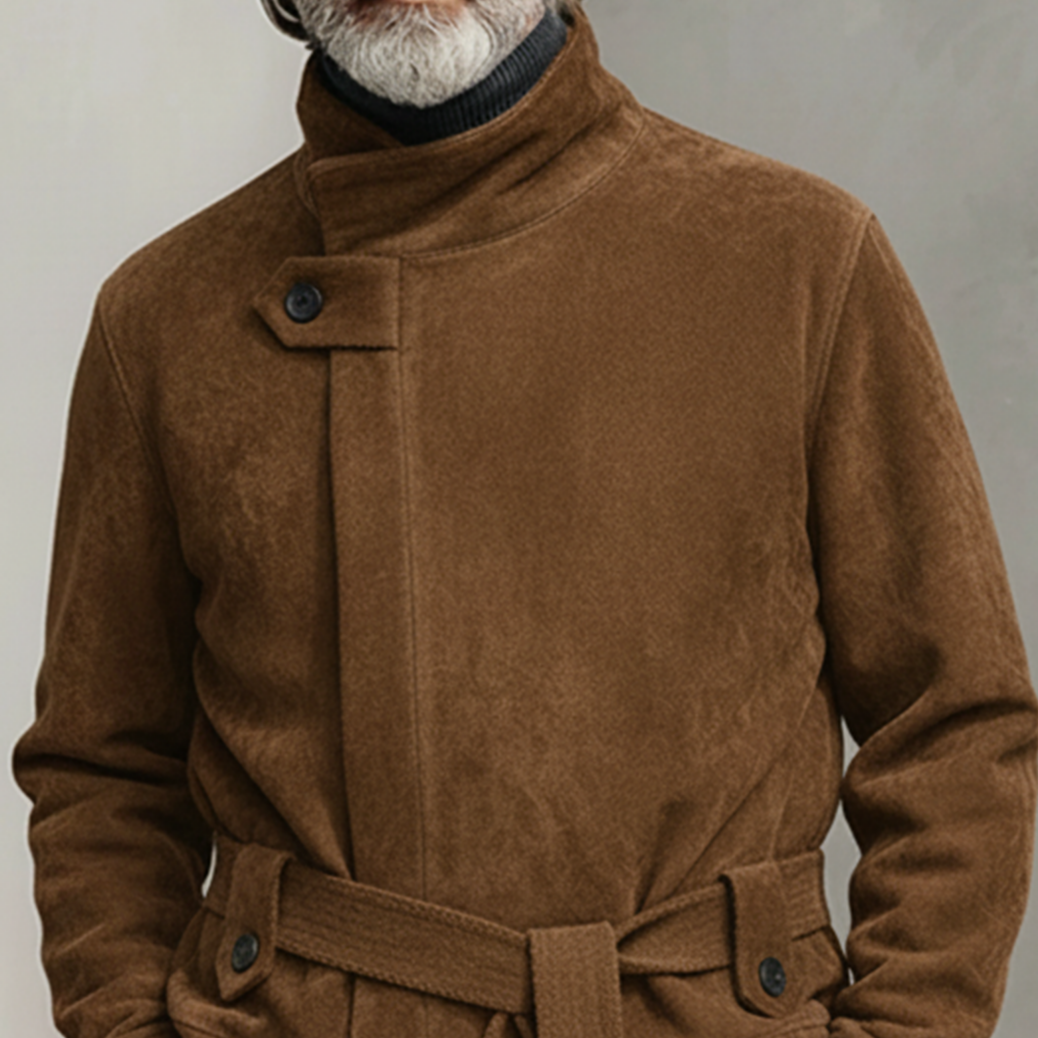 Men's Classic Retro Stand-up Collar Zip-up Slanted Placket Faux Suede Jacket (including Belt) MTA2590K9K