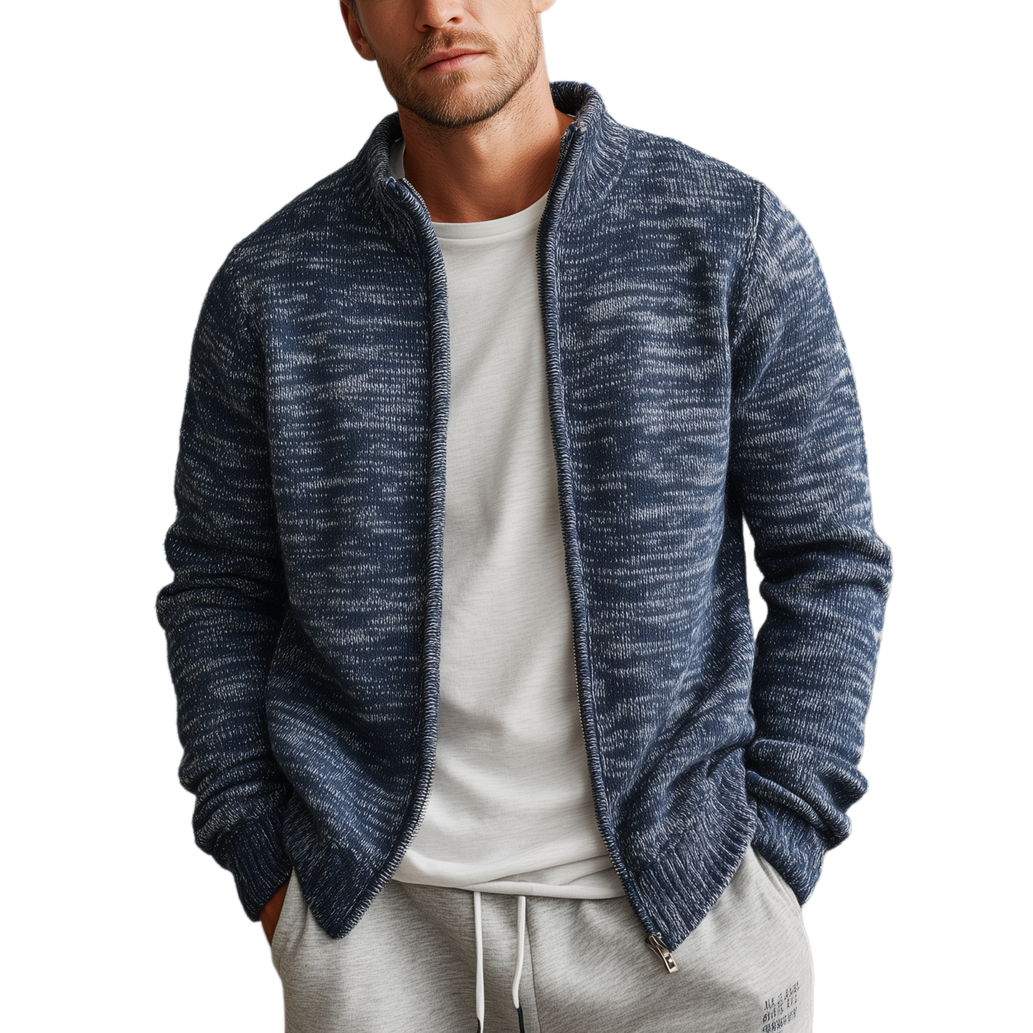 Men's Classic Casual Heterogeneous Textured Stand Collar Zippered Knit Cardigan MTA2183J0K