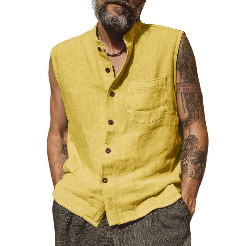 Men's Casual Breathable Linen Stand Collar Patch Pocket Loose Sleeveless Shirt MTA0379G1M