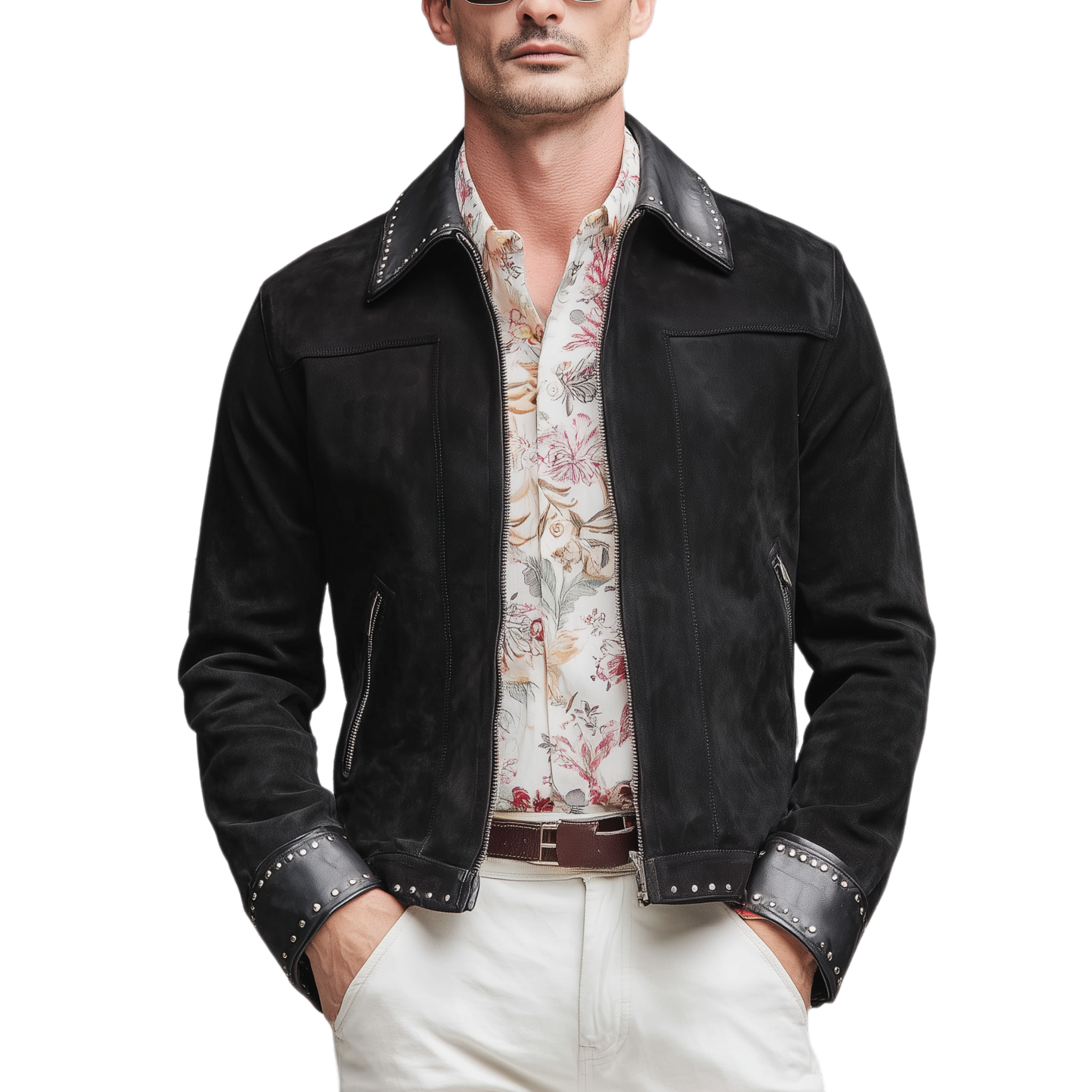 Men's Classic Casual PU Leather Lapel And Cuffs PU Leather Decoration Metal Rivet Zipper Suede Jacket MTA1140H7K