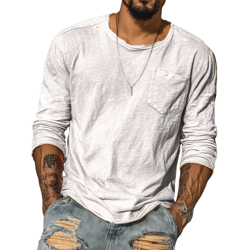 Men's Spring And Summer Casual Tough Guy Style Round Neck Raw Edge Bamboo Cotton Long Sleeve T-shirt MTA1664G4K