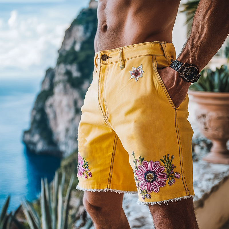 Men's Spring And Summer Fashion Casual Yellow Washed Denim Embroidery Length To Knee Shorts MTA1288F7K