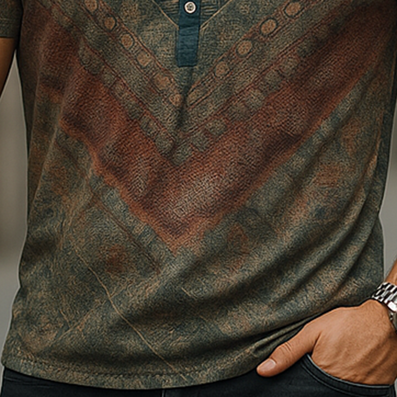 Men's Summer Fashion Printed Polyester Blended Short Sleeve Henley Shirt MTA1367F1P