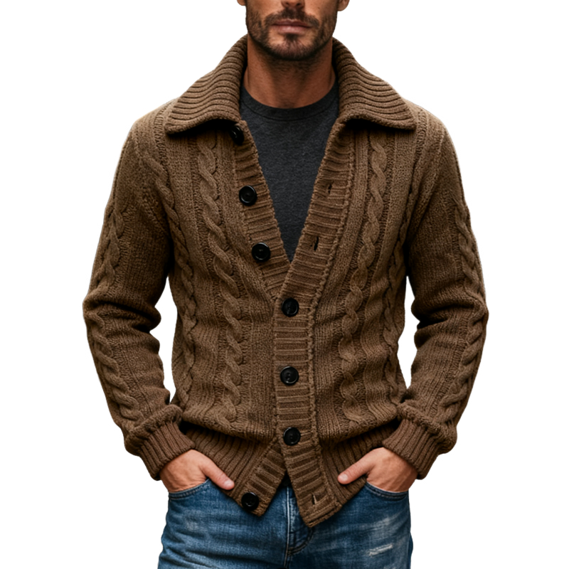 Men's Knitted Cable Knit Textured Collar Cardigan MTA2974J2X