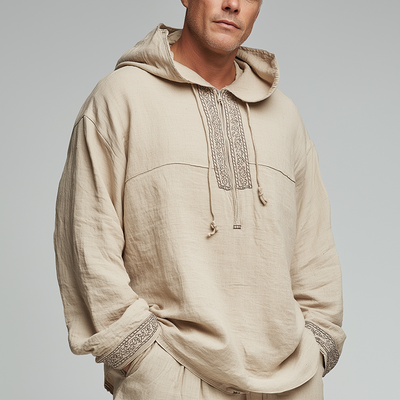 Men's Simple Embroidered Half-Zip Linen Hooded Sweatshirt MTA0716H4P