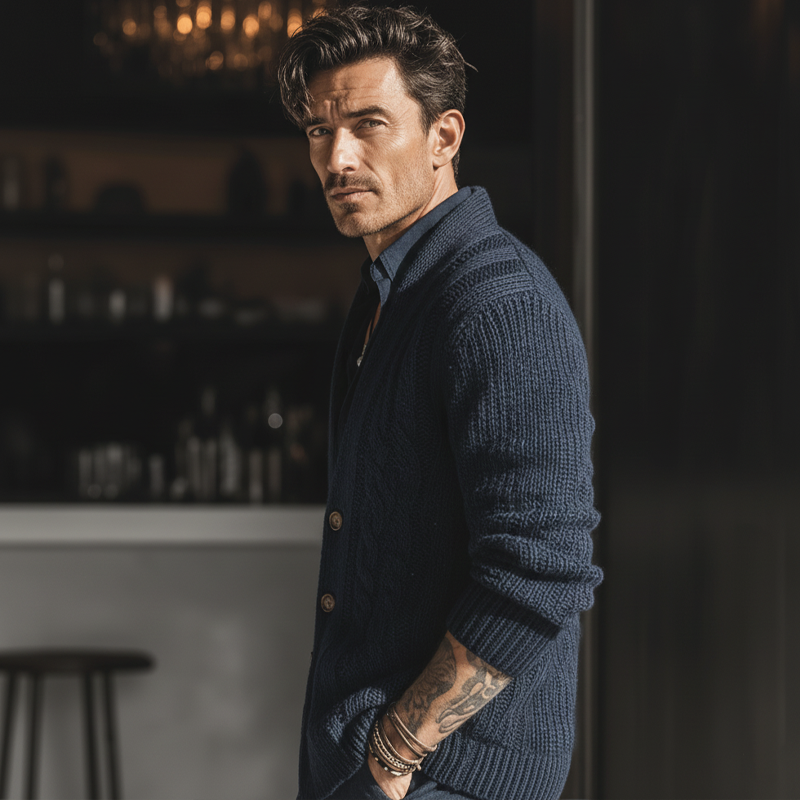 Men's Classic Cable Knit Jacquard Navy Blue Button-up Cardigan MTA2925K8U