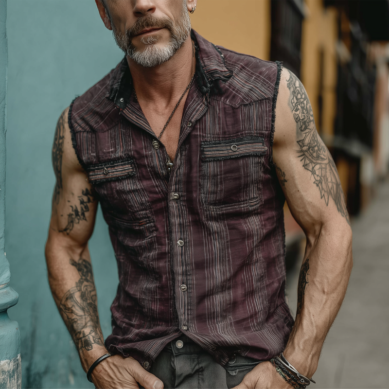 Men's Vintage Check Multi-Pocket Lapel Vest MTA0377G5X