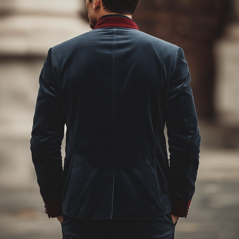 Men's Retro Stand Collar Velvet Color Block Slim Fit Jacket MTA1283L0U