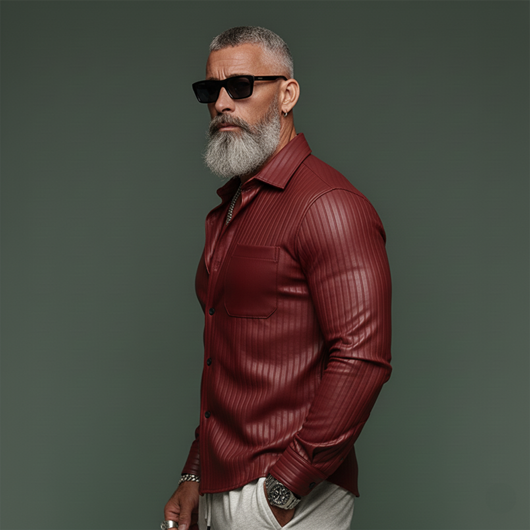 Men's Classic Vintage Textured PU Leather Long-sleeved Shirt MTA2019L7K