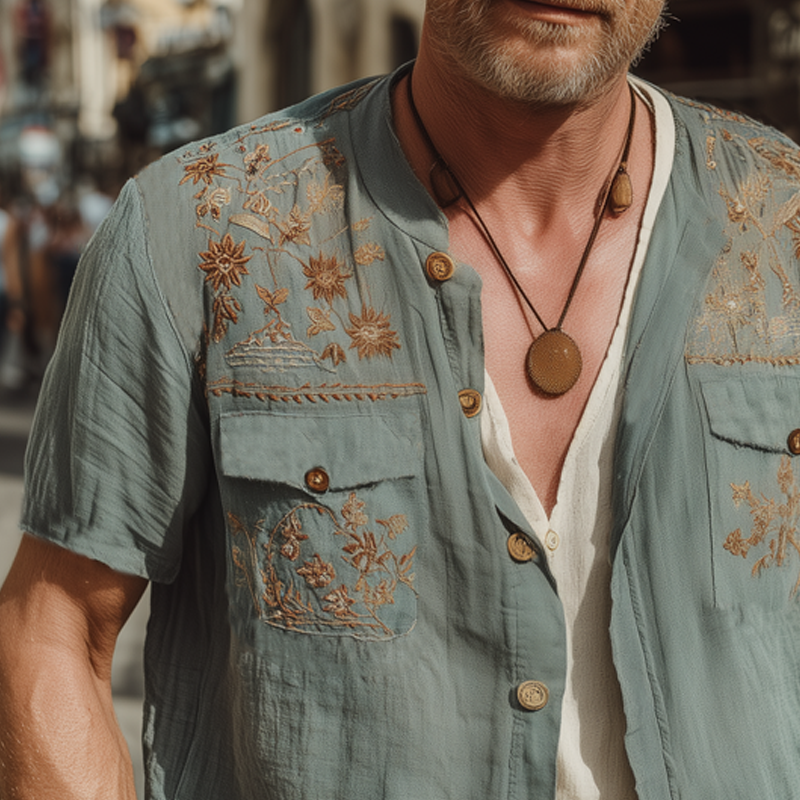 Men's Summer Retro Embroidered Cotton And Linen Short Sleeve Shirt MTA1871F7U