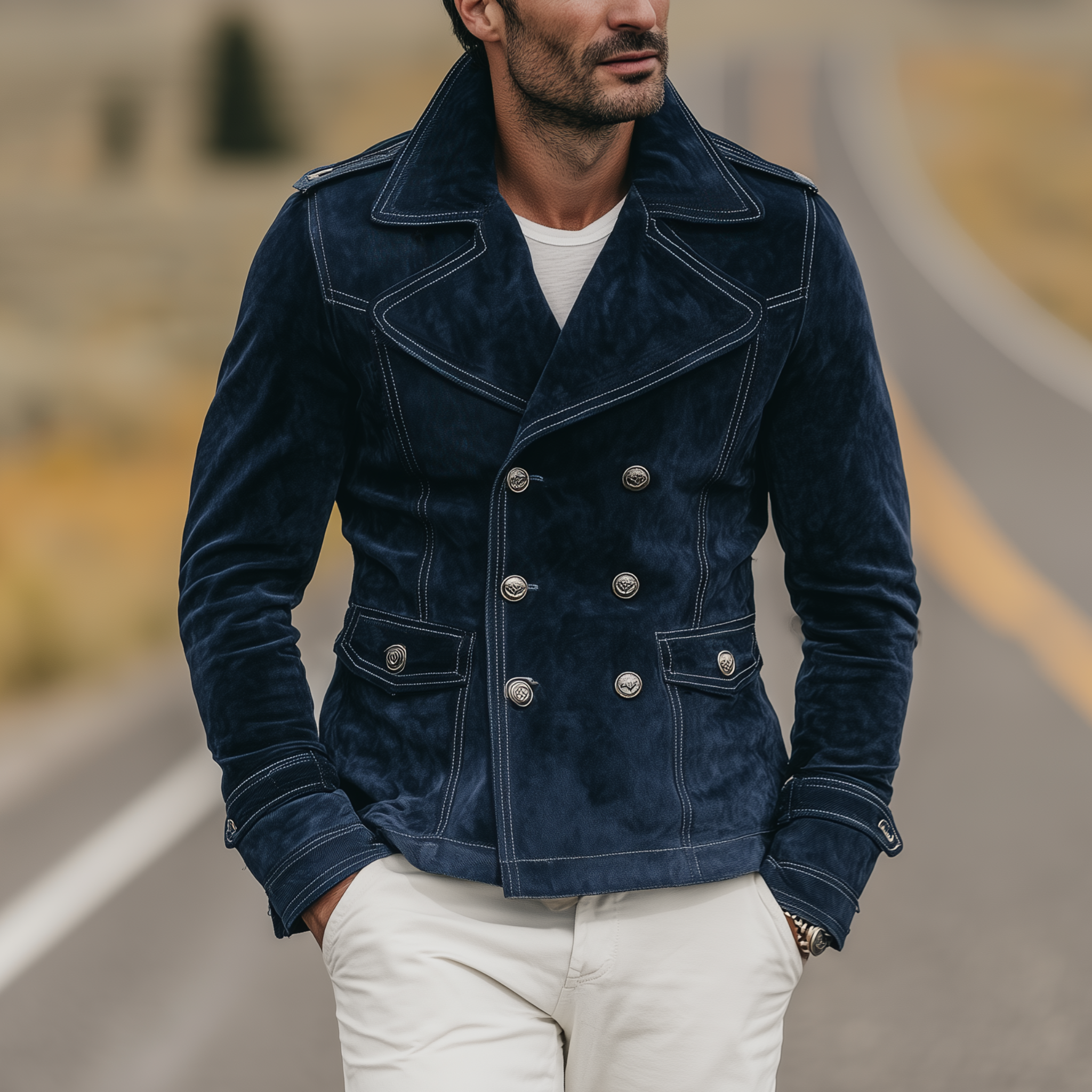 Men's Classic Vintage Western Style Lapel Suede Double Breasted Jacket MTA1889H9K