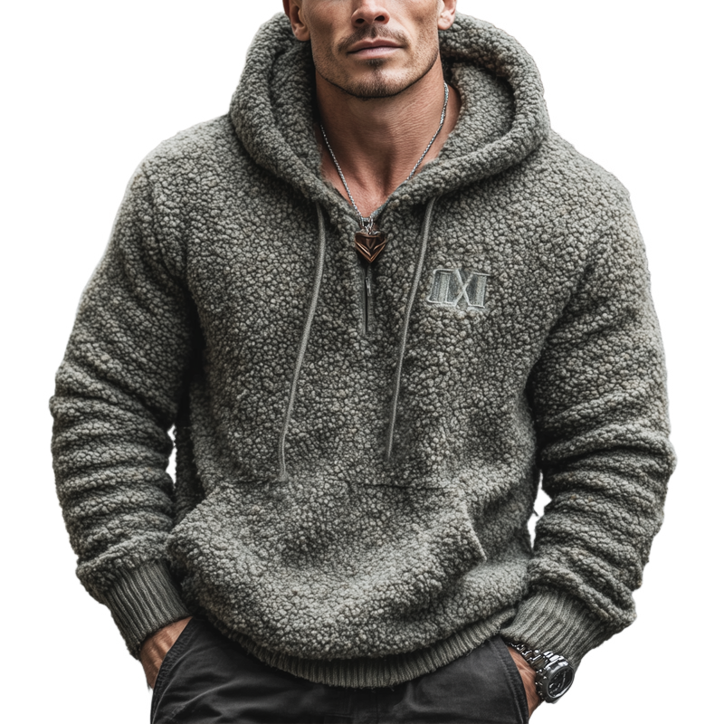 Men's Urban Casual Grey Quarter-zip Fleece Hooded Sweatshirt MTA1530L7U