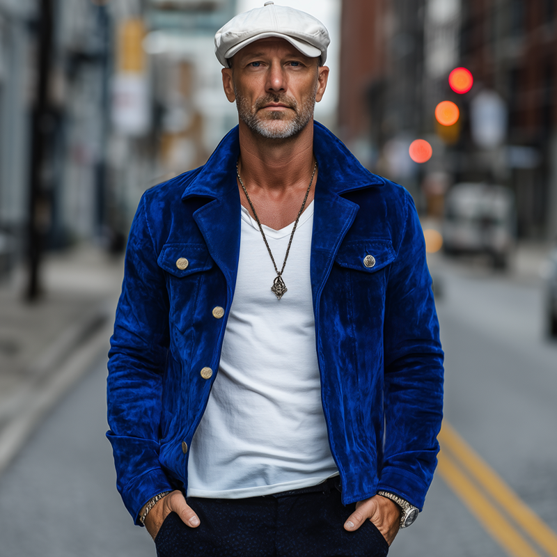 Men's Spring And Autumn Vintage Klein Blue Suede Jacket MTA1817H1U