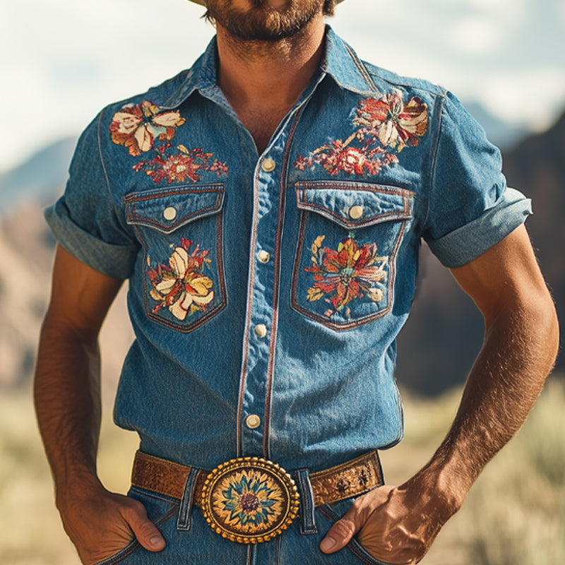 Men's Summer Retro Embroidered Denim Short Sleeve Shirt Shorts Set MTA2990D3U