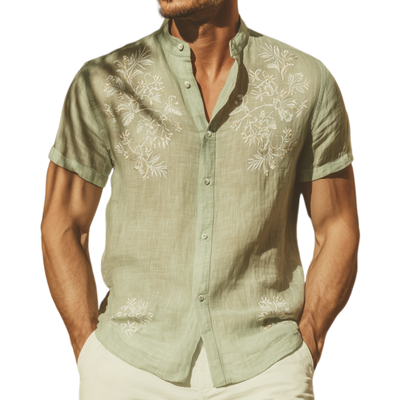 Men's Summer Classic Cotton Embroidered Stand Collar Short Sleeve Shirt MTA0792G9U