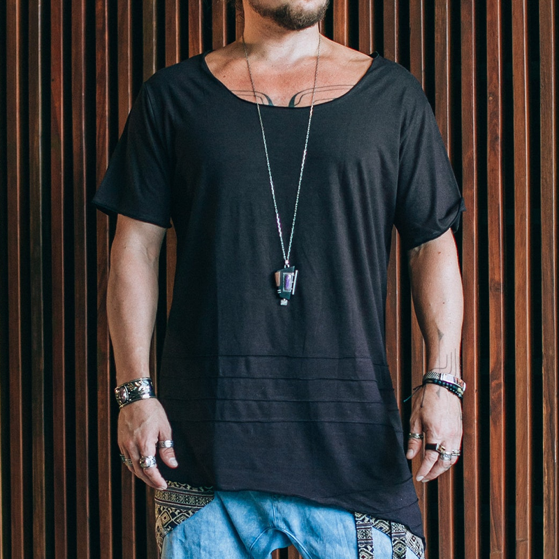 Men's Cotton Vintage Pleated Irregular Round Neck Short-sleeved T-shirt MTA0460G4TO