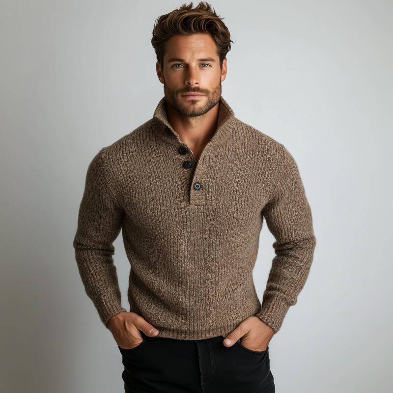 Men's Vintage Solid Color Polo Neck Slim Fit Knit Long Sleeve Pullover Sweater MTA2756H8M