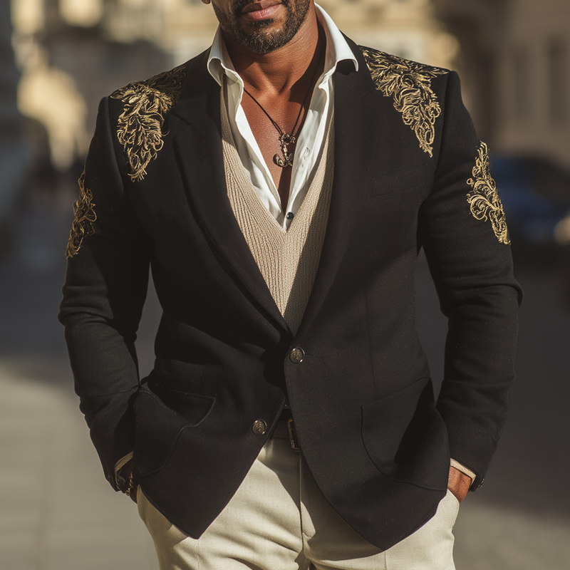 Men's Classic Two-button Gold Exquisitely Embroidered Blazer MTA1807H8U