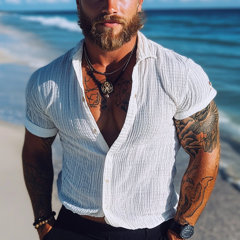 Men's Striped Textured Lapel Short Sleeve Shirt MTA3010D7X