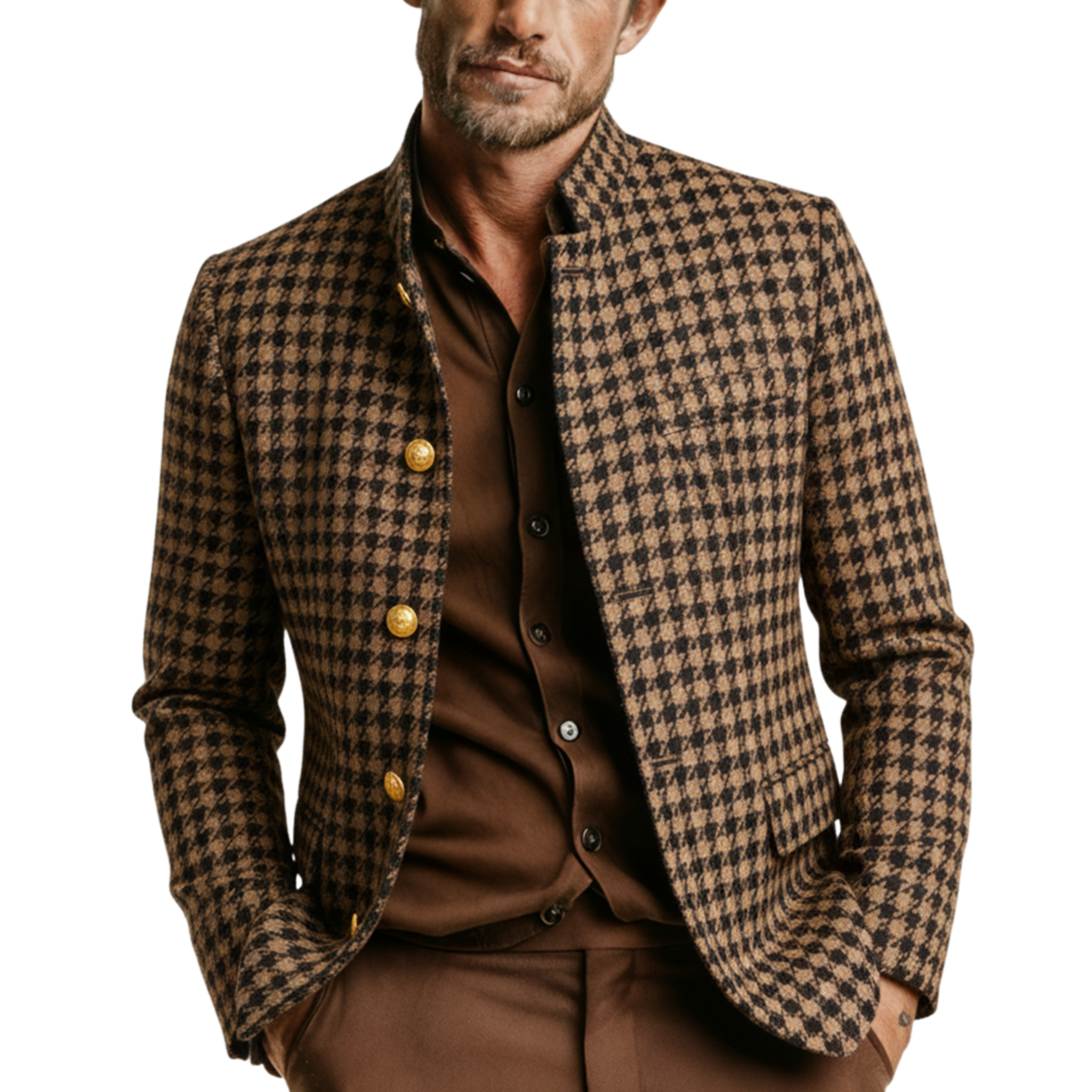 Men's Classic Retro Stand-up Collar Houndstooth Wool Jacket MTA2807K3K