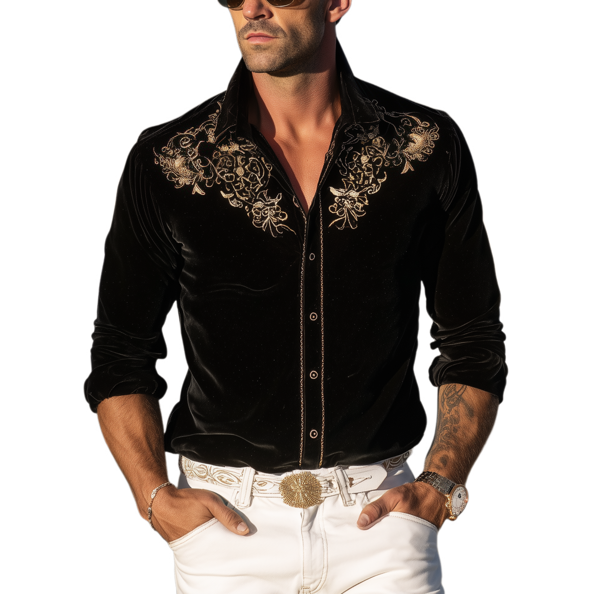 Men's Classic Retro Western Style Velvet Embroidered Slim-fit Long-sleeved Shirt MTA1525H4K