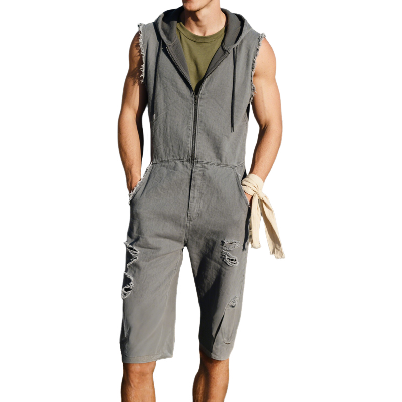 Men's Fashion Solid Hooded Sleeveless Shorts Rough Edges Outdoor Cargo Jumpsuit MTA1509E7Z