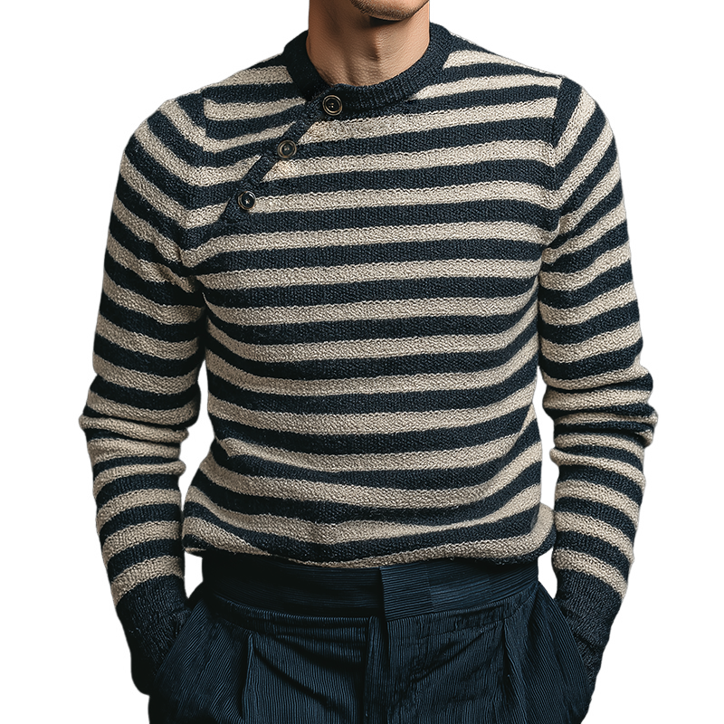 Men's Vintage Casual Navy Striped Knit Button Pullover Crew Neck Sweater MTA1494J6TO