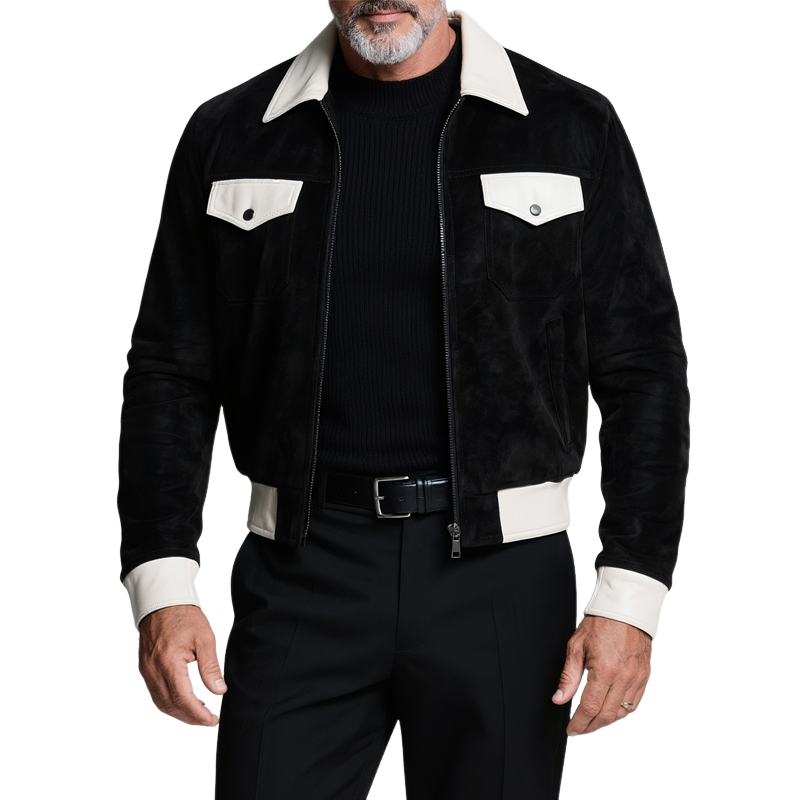 Men's Colorblock Faux Suede Lapel Chest Pocket Bike Jacket MTA0262H9Z