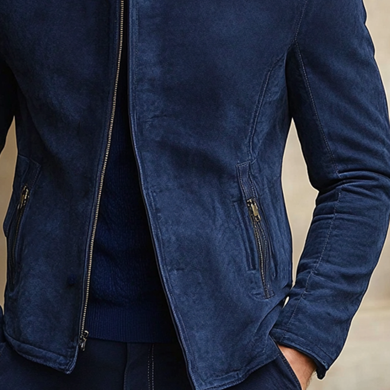 Men's Solid Faux Suede Stand Collar Zip-Up Jacket MTA2643H7X