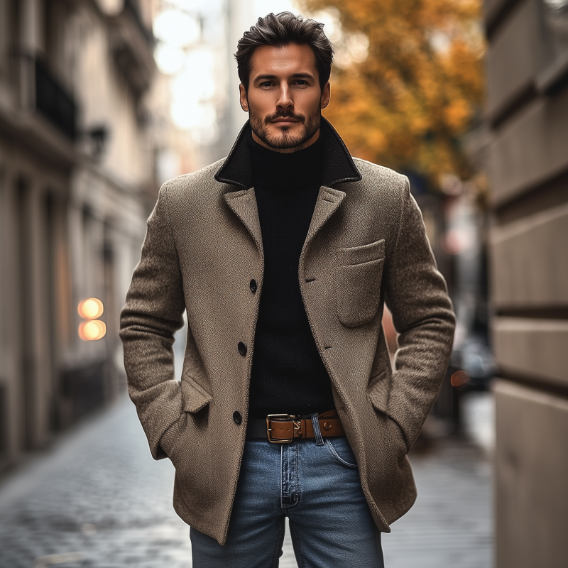 Men's Vintage Wool Blend Colorblock Patchwork Notch Lapel Single-breasted Loose Warm Coat MTA1458H4M