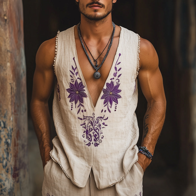 Men's Summer Deep V-Neck Retro Purple Embroidered Cotton And Linen Tank Top MTA1529E9U