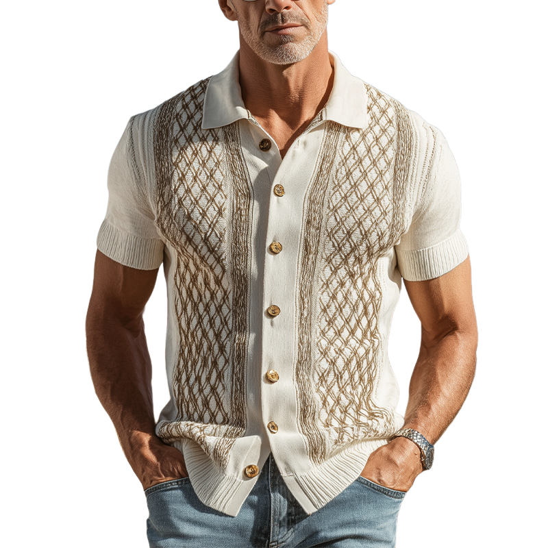 Men's Spring And Summer Fashion Casual Knitted Jacquard Short Sleeve Shirt MTA2067F6K