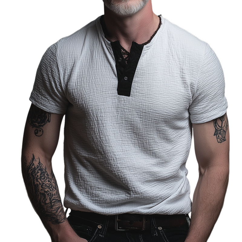 Men's Retro Casual Colorblock Henley Short Sleeve T-Shirt MTA1427G2TO