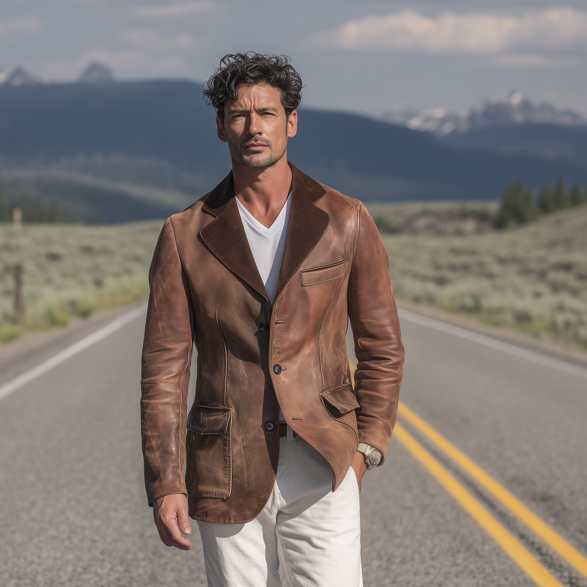 Men's Classic Retro Collar Splicing Suede And Distressed PU Leather Single-breasted Blazer MTA0714H0K