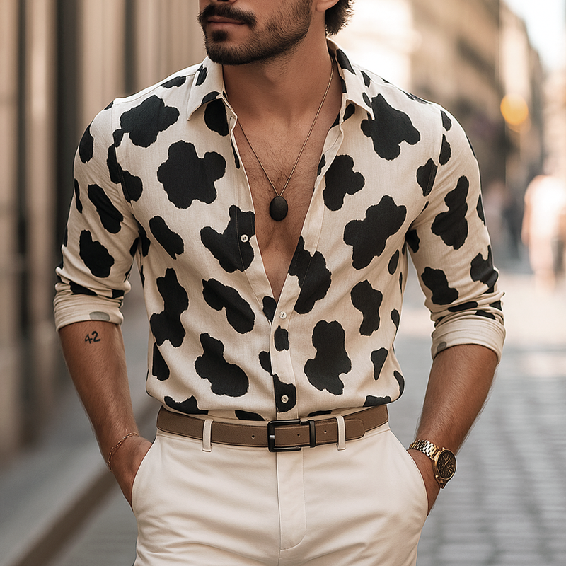 Men's Cow Print Lapel Long Sleeve Shirt MTA2314F4Z