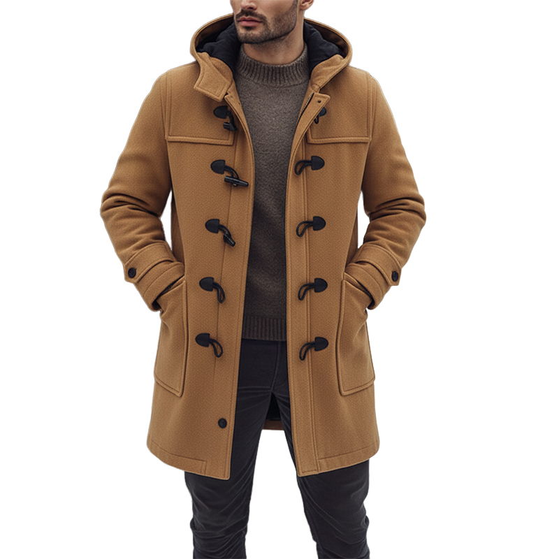 Men's Solid Color Faux Wool Blend Hooded Mid-Length Coat  MTA1449J0X