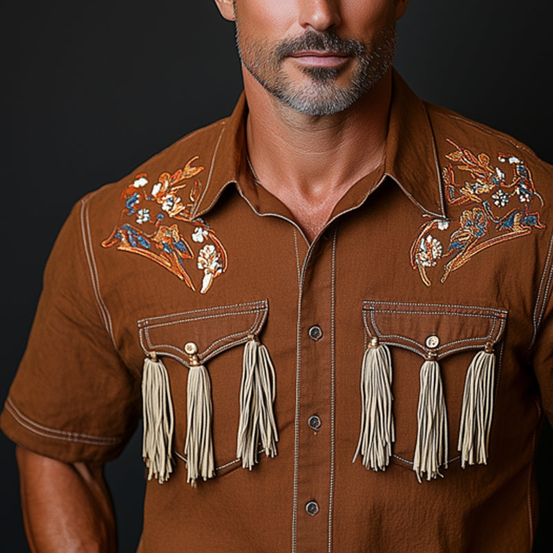 Men's Western Cowboy Style Embroidered Tassel Short Sleeve Shirt MTA0912E5U