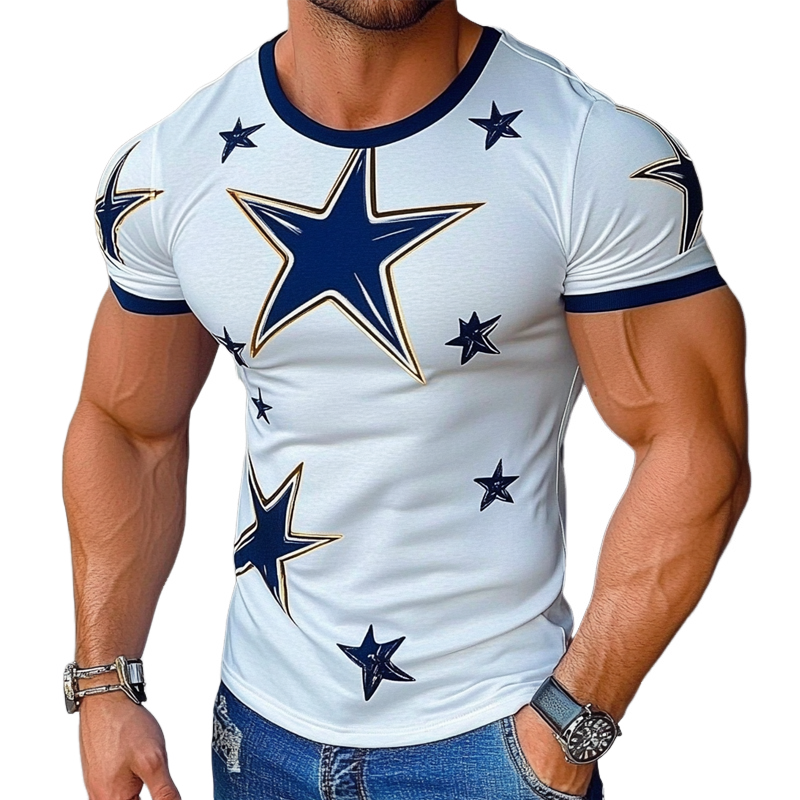 Men's Star Printed Round Neck Short Sleeve Cotton Blend T-Shirt MTA2424G7X
