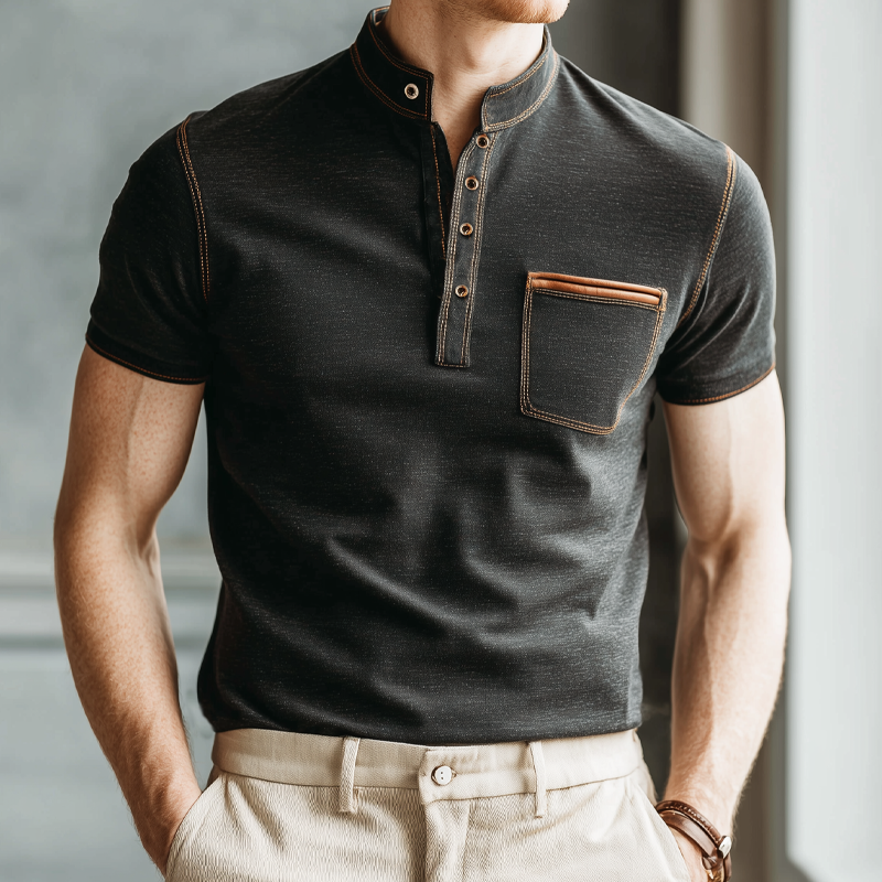 Men's Classic Business Cotton Stand Collar Short-sleeved T-shirt MTA0957G5U