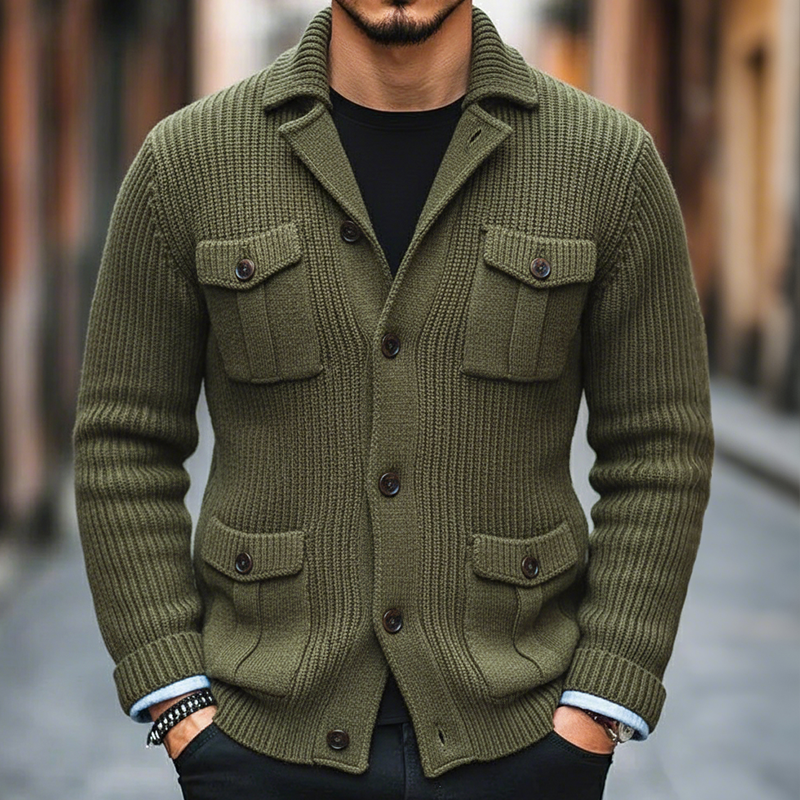 Men's Retro Casual Solid Color Knitted Multi-Pocket Lapel Cardigan Jacket MTA2401I7TO