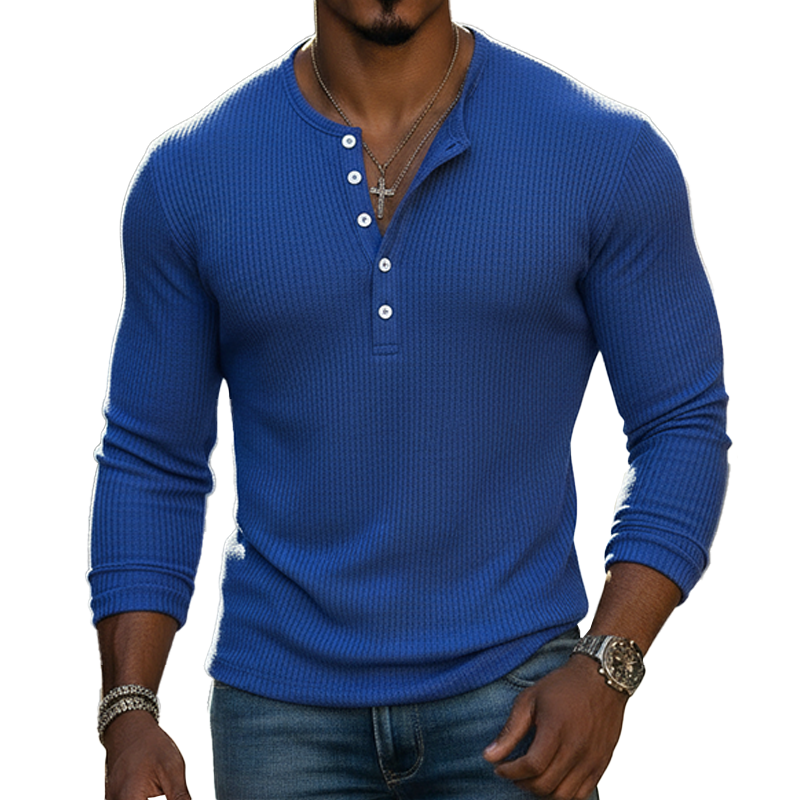 Men's Spring Fashion Polyester Blend Ribbed Elastic Long-Sleeved Henley Shirt MTZ2089A8P