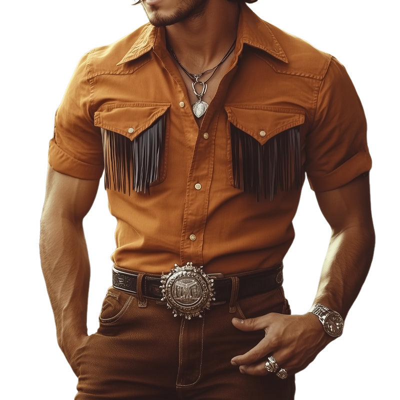 Men's Summer Western Cowboy Style Tassel Denim Short Sleeve Shirt MTA2064E6U